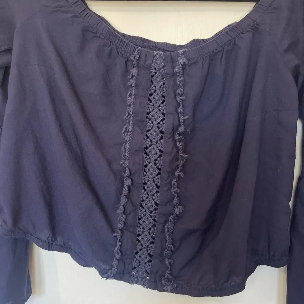 Rue21 Blue Crop Top with Lace Detail & Bell Sleeves - Picture 2 of 5